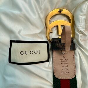 Gucci double g gold belt red and green striped